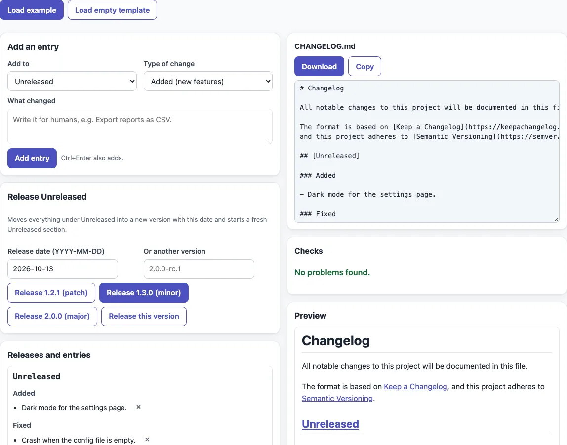 Changelog template example