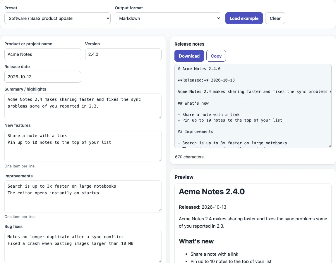 Release notes template example